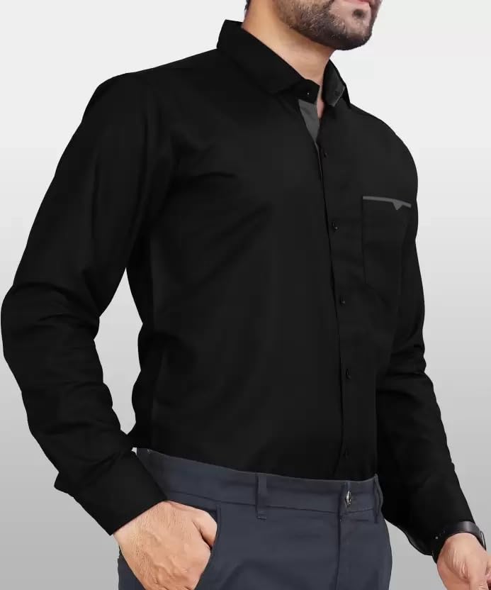 CB-COLEBROOK Men Regular Fit Solid Spread Collar Casual Shirt (Large, Black)