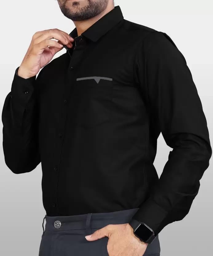 CB-COLEBROOK Men Regular Fit Solid Spread Collar Casual Shirt (Large, Black)