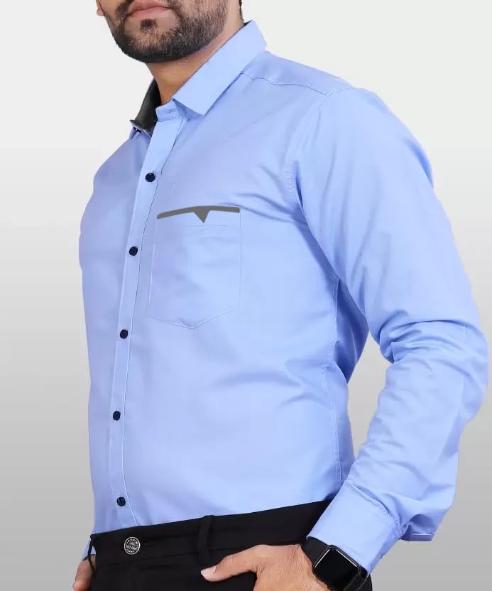 CB-COLEBROOK Men Regular Fit Solid Spread Collar Casual Shirt (Large, Light Blue)