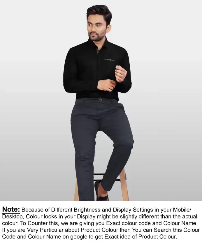 CB-COLEBROOK Men Regular Fit Solid Spread Collar Casual Shirt (Large, Black)