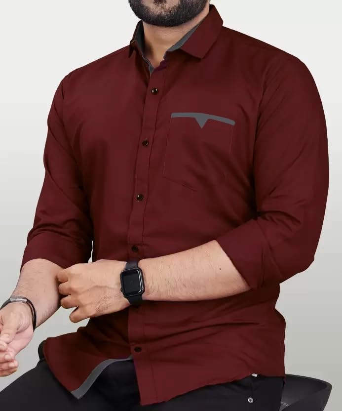 CB-COLEBROOK Men Regular Fit Solid Spread Collar Casual Shirt (Large, Berry Maroon)