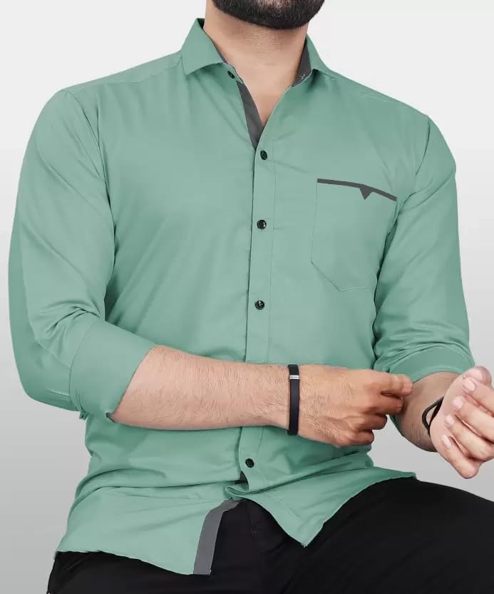 CB-COLEBROOK Men Regular Fit Solid Spread Collar Casual Shirt (Large, Pistachio)