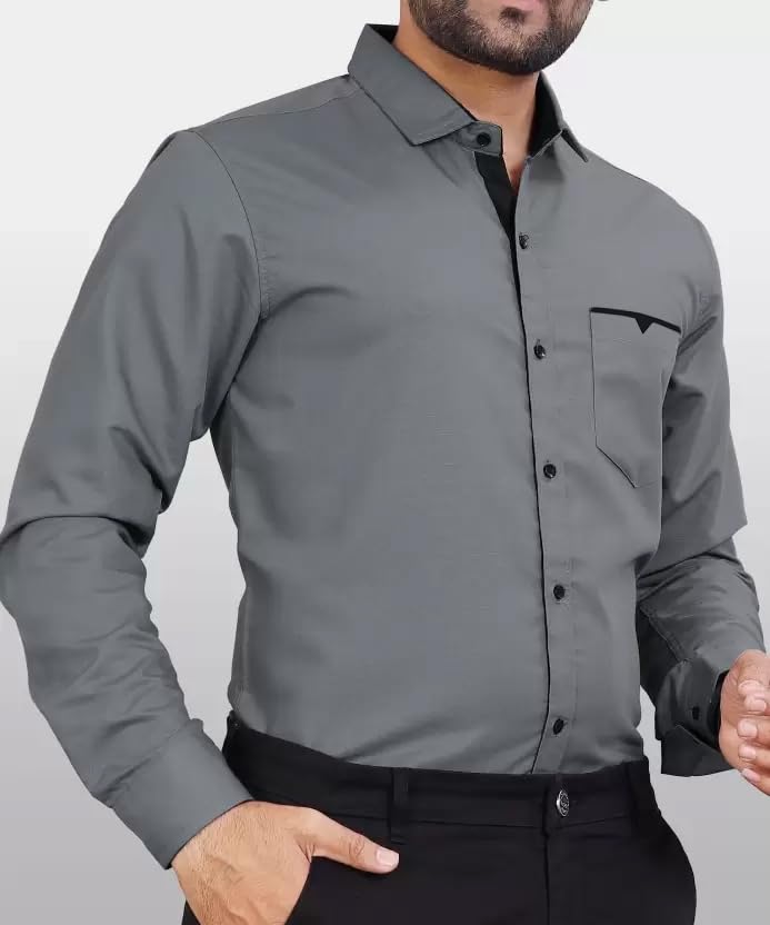 CB-COLEBROOK Men Regular Fit Solid Spread Collar Casual Shirt (Large, Cadet Grey)