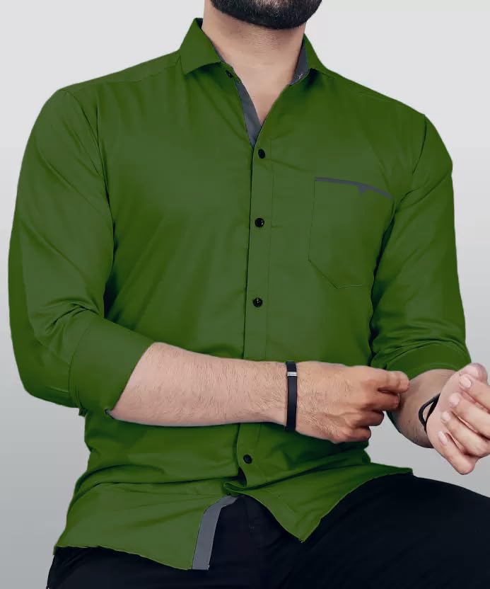 CB-COLEBROOK Men Regular Fit Solid Spread Collar Casual Shirt (Large, Forest Green)