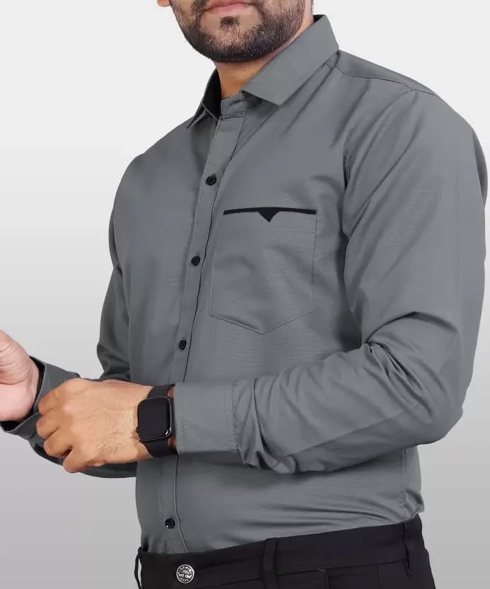 CB-COLEBROOK Men Regular Fit Solid Spread Collar Casual Shirt (Large, Cadet Grey)
