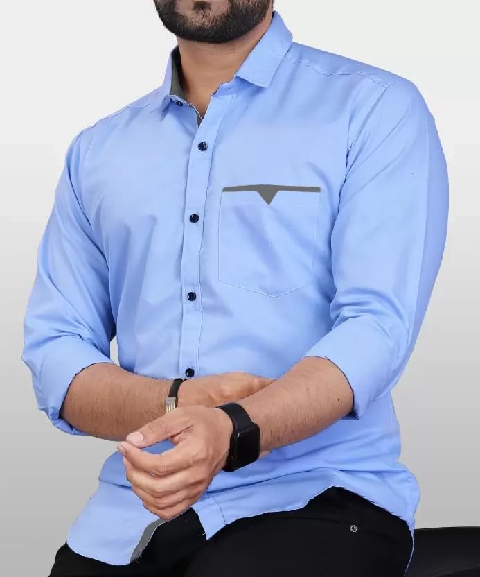 CB-COLEBROOK Men Regular Fit Solid Spread Collar Casual Shirt (Large, Light Blue)
