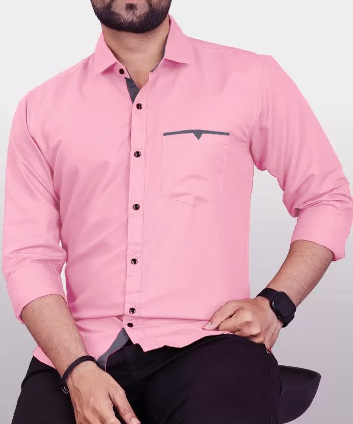 CB-COLEBROOK Men Regular Fit Solid Spread Collar Casual Shirt (Large, Pink Pearl)