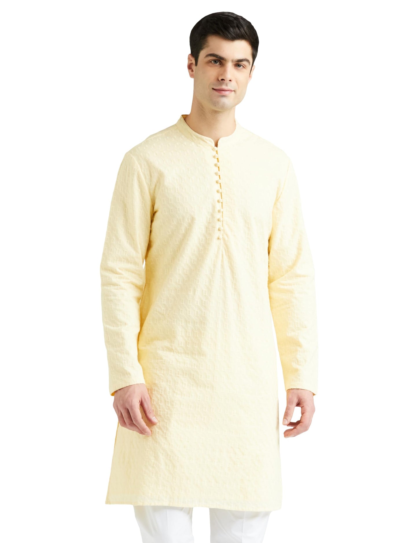 Amazon Brand - Symbol Men's Cotton Embroidered Long Regular Fit Kurta (SY-S24-MNA-FKT-502_Pastel Yellow_M)
