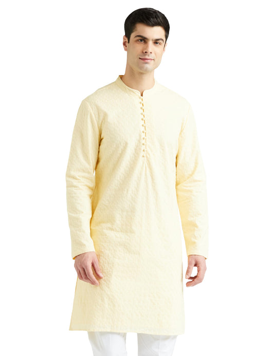 Amazon Brand - Symbol Men's Cotton Embroidered Long Regular Fit Kurta (SY-S24-MNA-FKT-502_Pastel Yellow_M)