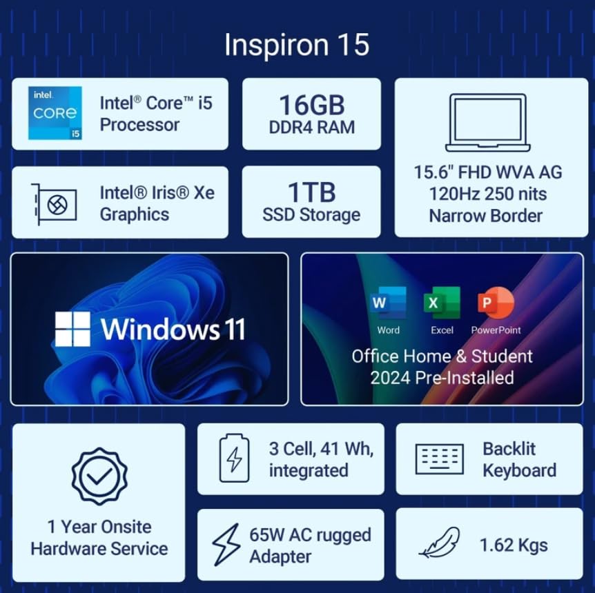 Dell Inspiron 3530, Intel Core i5 13th Gen - 1334U, 16GB RAM, 1TB SSD, FHD 15.6"/39.62 cm, Windows 11, MSO'24, Silver, 1.62kg, Backlit Keyboard, 15 Month McAfee, Thin & Light Laptop