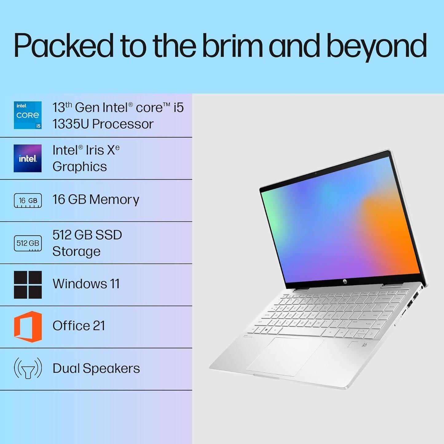 HP Pavilion x360, 13th Gen Intel Core i5-1335U (16GB DDR4, 512GB SSD) Touchscreen, 14"/35.6cm, FHD, Win 11, Office 21, Silver, 1.51kg, ek1074tu/1148tu, Iris Xe, FPR, 5MP Camera, Backlit KB Laptop