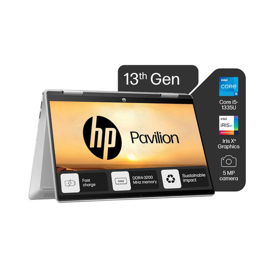 HP Pavilion x360, 13th Gen Intel Core i5-1335U (16GB DDR4, 512GB SSD) Touchscreen, 14"/35.6cm, FHD, Win 11, Office 21, Silver, 1.51kg, ek1074tu/1148tu, Iris Xe, FPR, 5MP Camera, Backlit KB Laptop