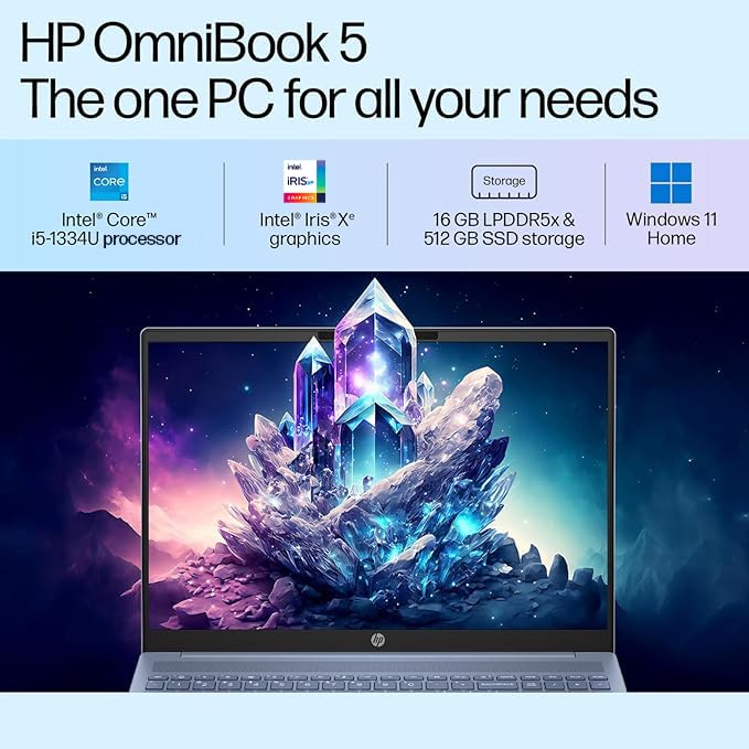 HP OmniBook 5 Metallic(Previously Pavilion) 13th Gen Intel Core i5 1334U (16GB LPDDR5X, 512GB SSD) WUXGA, 2K, IPS, 16''/40.6cm, Win11, M365 Basic(1yr)*Office24, Blue,1.79kg, ba1123TU,FHD camera Laptop