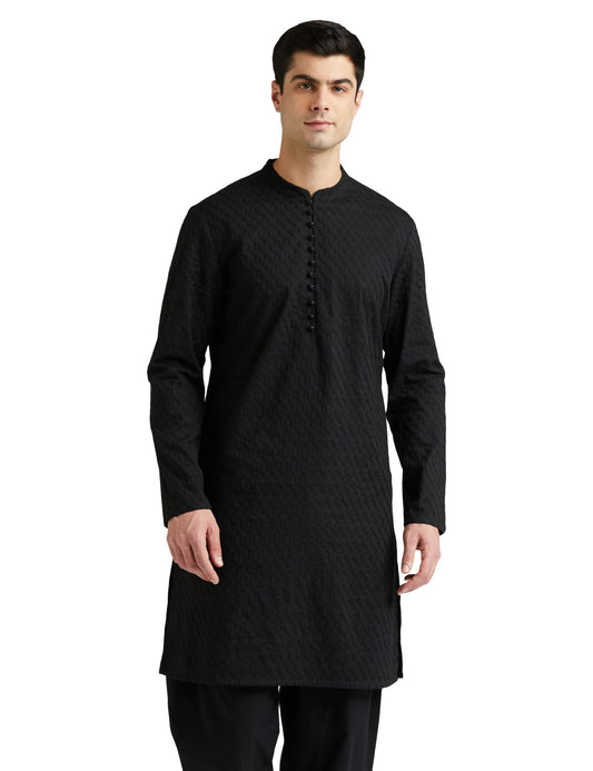 Amazon Brand - Symbol Men's Cotton Embroidered Long Regular Fit Kurta (SY-S24-MNA-FKT-502_Black_XL)