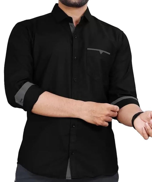 CB-COLEBROOK Men Regular Fit Solid Spread Collar Casual Shirt (Large, Black)