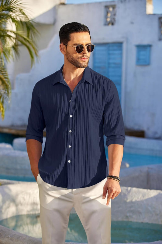 FINIVO FASHION Men's Casual Cotton Plain Button Down Shirt Long Sleeve Textured Summer Beach Shirt for Men Navy