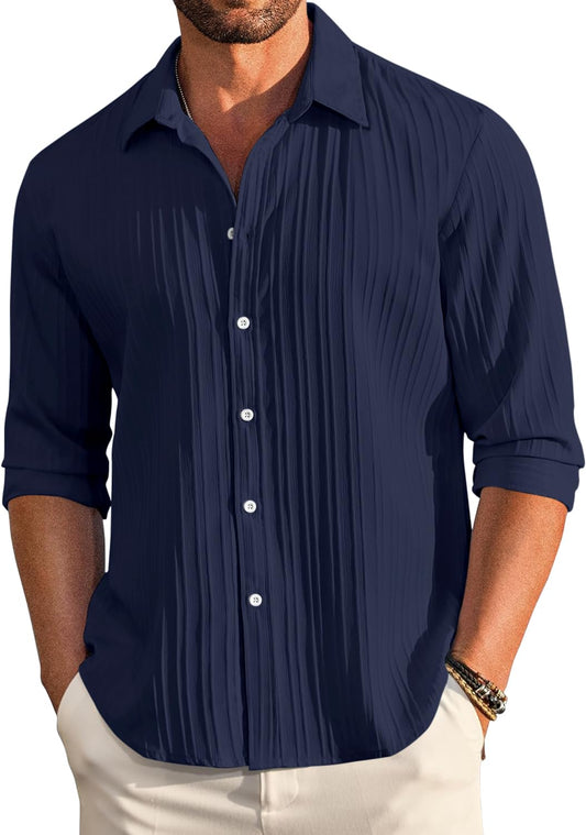 FINIVO FASHION Men's Casual Cotton Plain Button Down Shirt Long Sleeve Textured Summer Beach Shirt for Men Navy