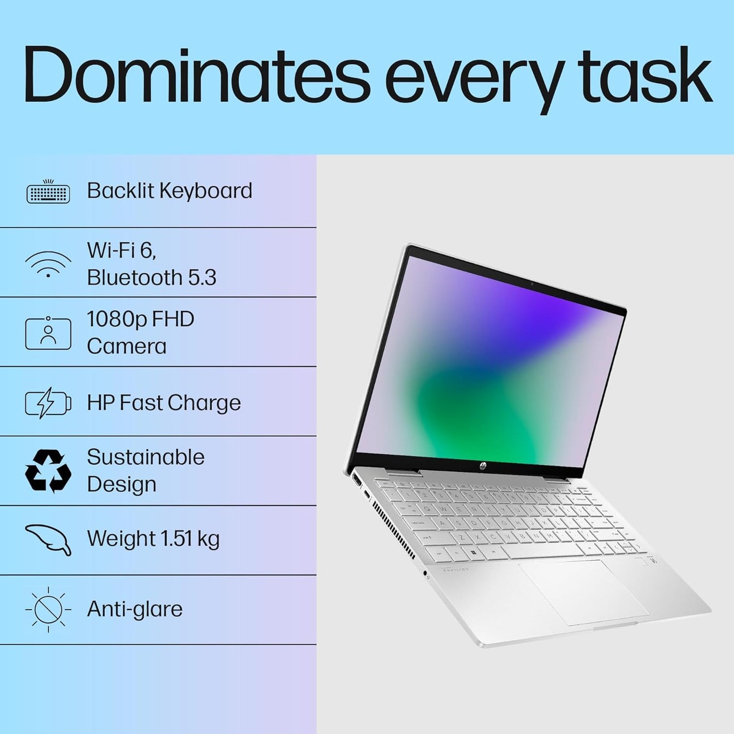 HP Pavilion x360, 13th Gen Intel Core i5-1335U (16GB DDR4, 512GB SSD) Touchscreen, 14"/35.6cm, FHD, Win 11, Office 21, Silver, 1.51kg, ek1074tu/1148tu, Iris Xe, FPR, 5MP Camera, Backlit KB Laptop