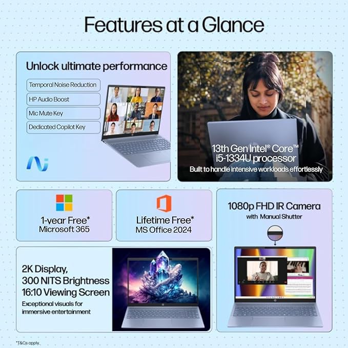 HP OmniBook 5 Metallic(Previously Pavilion) 13th Gen Intel Core i5 1334U (16GB LPDDR5X, 512GB SSD) WUXGA, 2K, IPS, 16''/40.6cm, Win11, M365 Basic(1yr)*Office24, Blue,1.79kg, ba1123TU,FHD camera Laptop