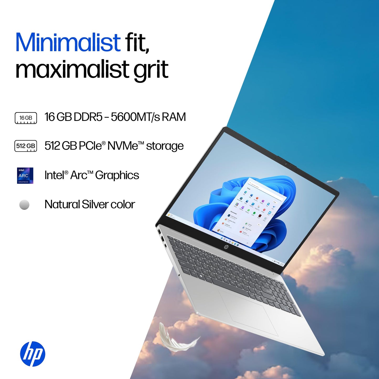 HP 15, Intel Ultra 5 125H, 12 Tops (16GB DDR5, 512GB SSD) FHD, IPS, 15.6''/39.6cm, Win11, M365 Basic(1yr)* Office24, Silver, 1.65kg, fd1254TU, Intel Graphics, FHD Camera w/Shutter, AI Powered Laptop