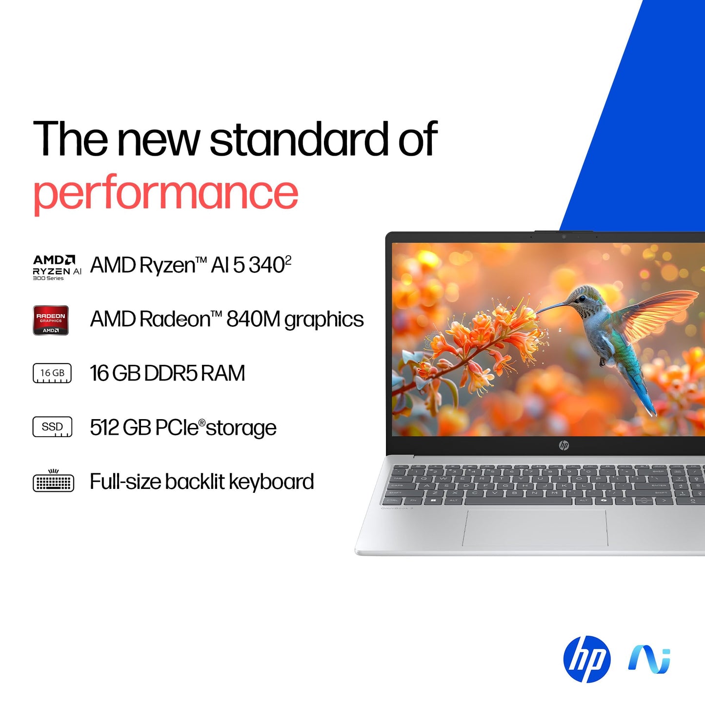 HP OmniBook 3 AMD Ryzen AI 5 340 Next Gen AI Laptop, (16GB DDR5, 512GB SSD), Anti-Glare,15.6''/39.6cm FHD, Win11,Office24, Silver,1.7kg, FHD Camera w/Privacy Shutter, fn0007AU