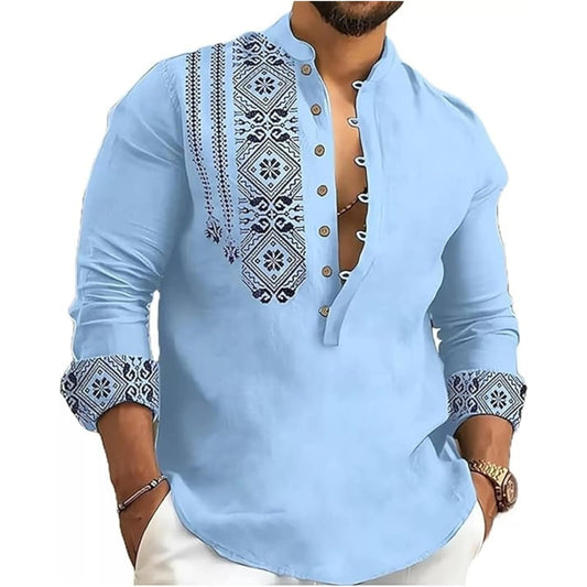 DEELMO Men's Cotton Blend Mandarin Collar Regular Fit Full Sleeve Casual Short Kurta Light Blue