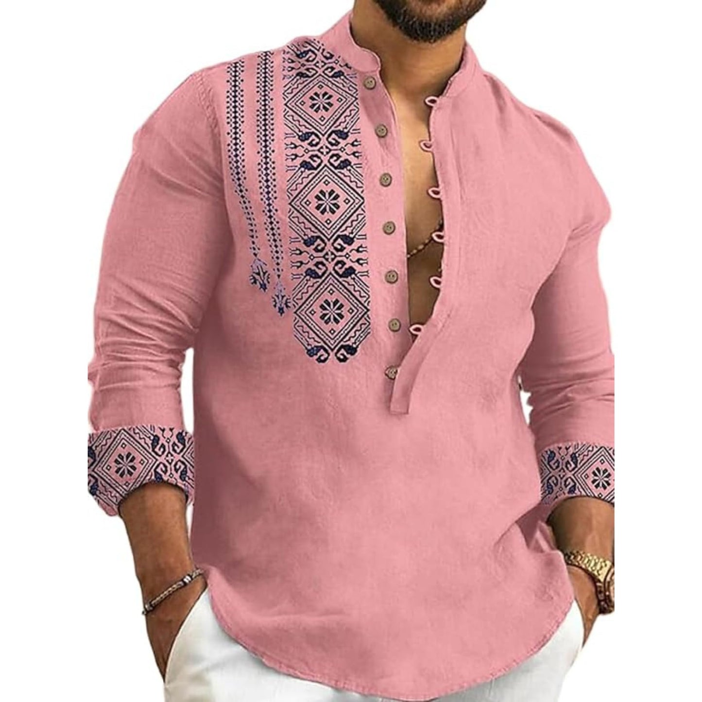 DEELMO Men's Cotton Blend Mandarin Collar Regular Fit Full Sleeve Casual Short Kurta, Pink, XL