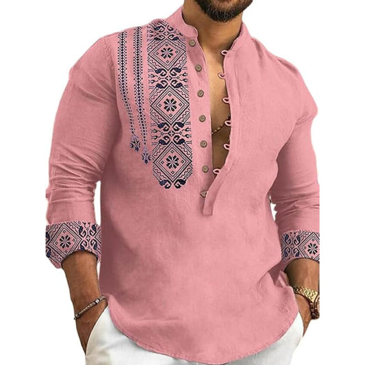 DEELMO Men's Cotton Blend Mandarin Collar Regular Fit Full Sleeve Casual Short Kurta, Pink, XL