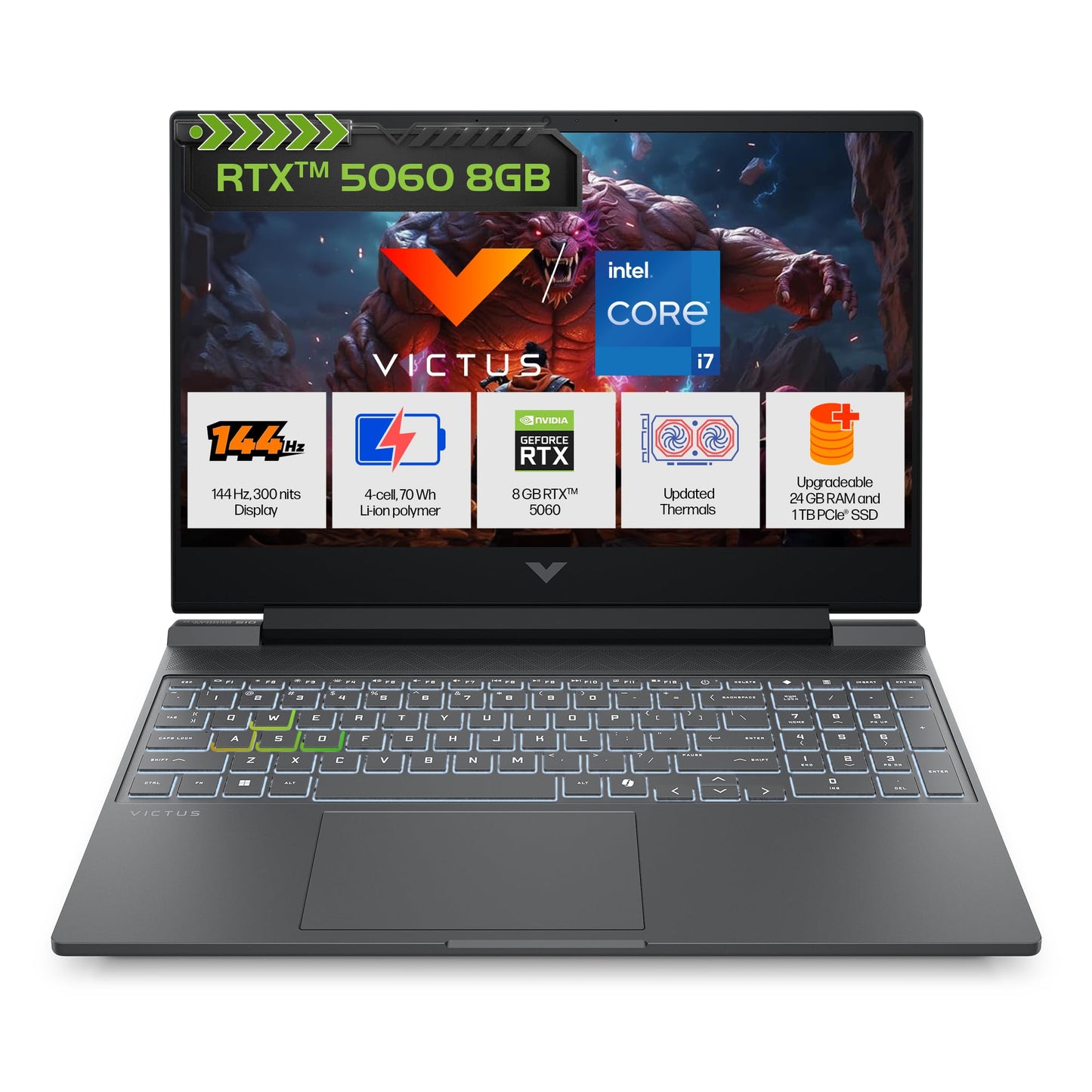 HP Victus, 13th Gen Intel Core i7-13620H, 8GB RTX 5060, 24GB DDR5(Upgradeable) 1TB SSD, 144Hz, 300nits, IPS, FHD, 15.6"/39.6cm, Win11, M365* Office 24, Mica Silver, 2.29Kg, fa2308TX, RGB Laptop