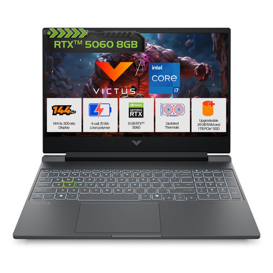 HP Victus, 13th Gen Intel Core i7-13620H, 8GB RTX 5060, 24GB DDR5(Upgradeable) 1TB SSD, 144Hz, 300nits, IPS, FHD, 15.6"/39.6cm, Win11, M365* Office 24, Mica Silver, 2.29Kg, fa2308TX, RGB Laptop