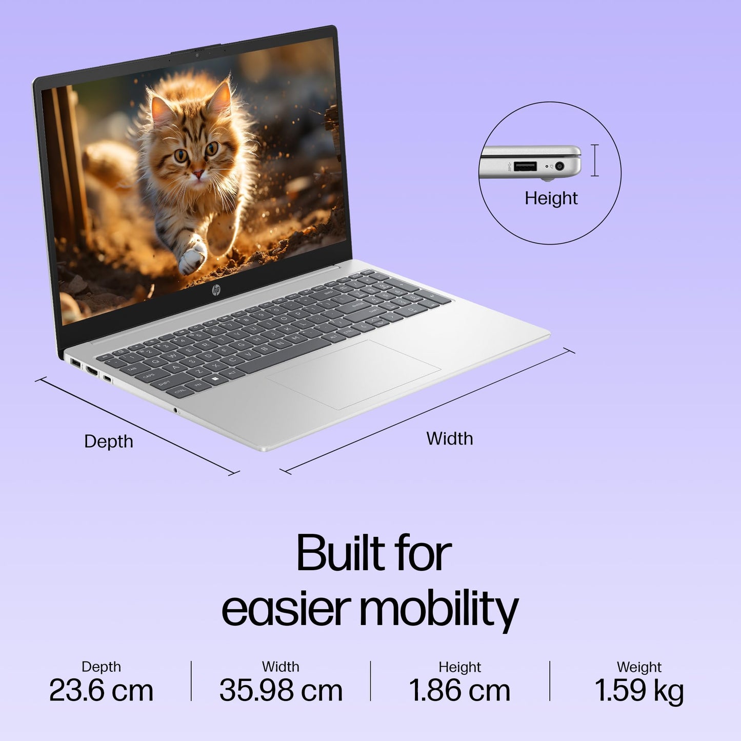 HP 15, 13th Gen Intel Core i3-1315U (12GB DDR4, 512GB SSD) FHD, Anti-Glare, Micro-Edge, 15.6''/39.6cm, Win11, M365 Basic(1yr)* Office24, Silver, 1.59kg, fd0573TU, FHD Camera w/Shutter Laptop