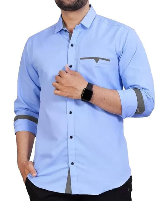 CB-COLEBROOK Men Regular Fit Solid Spread Collar Casual Shirt (Large, Light Blue)