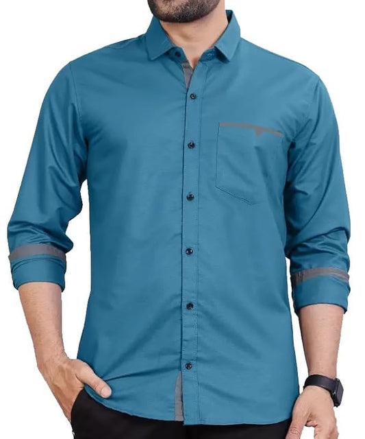 CB-COLEBROOK Men Regular Fit Solid Spread Collar Casual Shirt (Large, Teal)