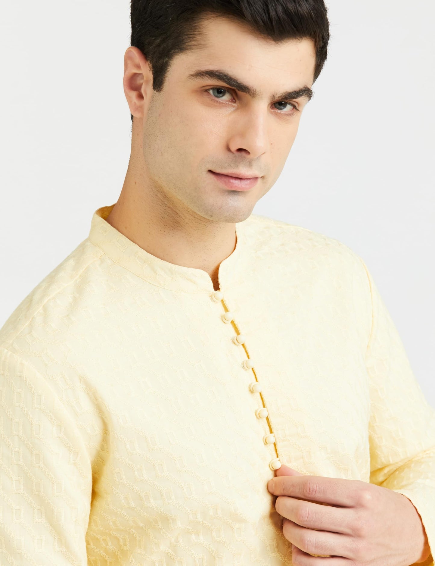 Amazon Brand - Symbol Men's Cotton Embroidered Long Regular Fit Kurta (SY-S24-MNA-FKT-502_Pastel Yellow_M)