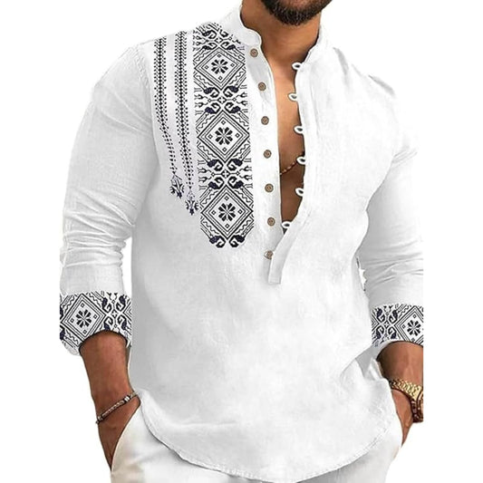 DEELMO Men's Cotton Blend Mandarin Collar Regular Fit Full Sleeve Casual Short Kurta, White, L
