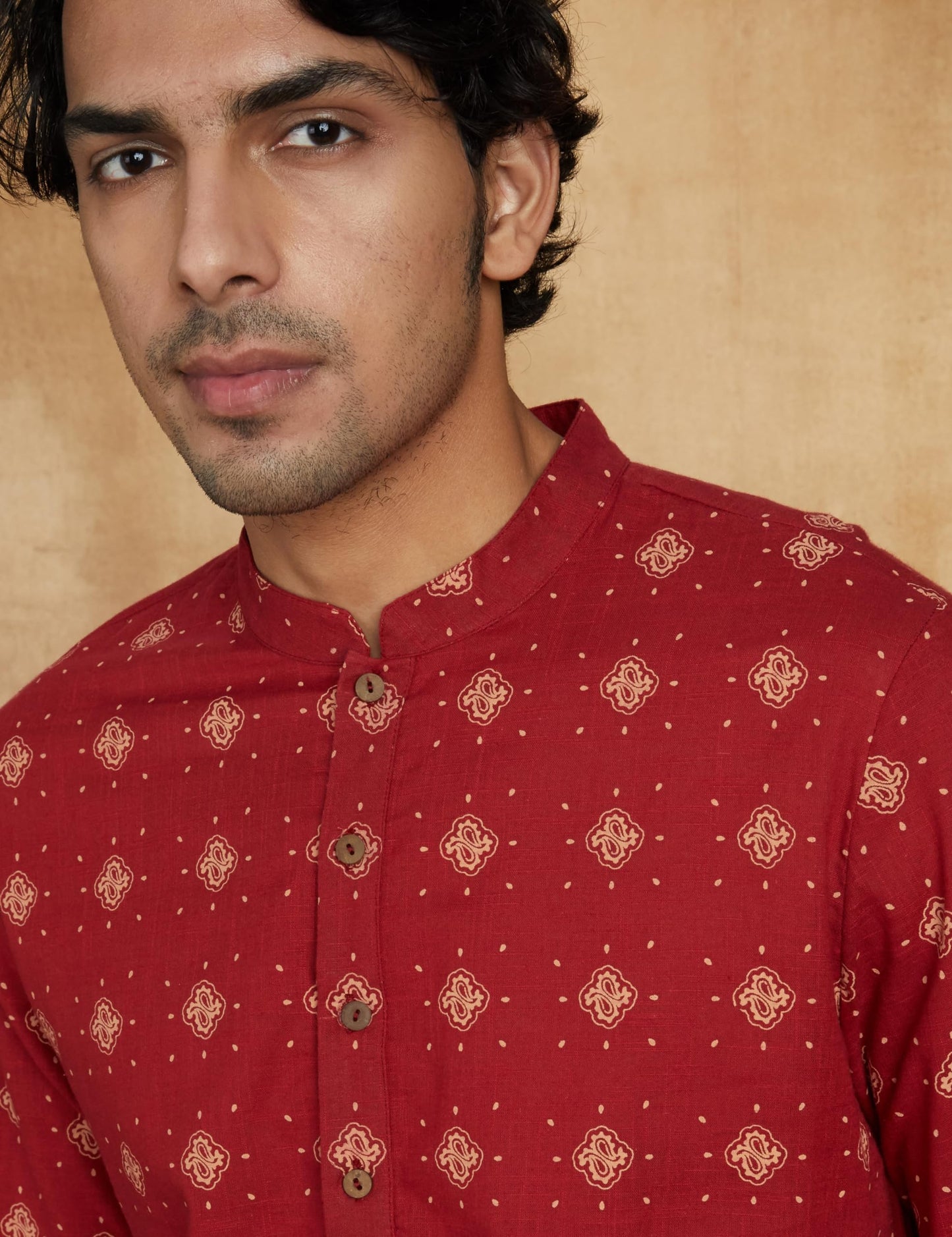 Amazon Brand - Symbol Cotton Men's Mid Length Regular Fit Kurta 37"_Sy-A23-Mna-Mkt-335_Red_XL