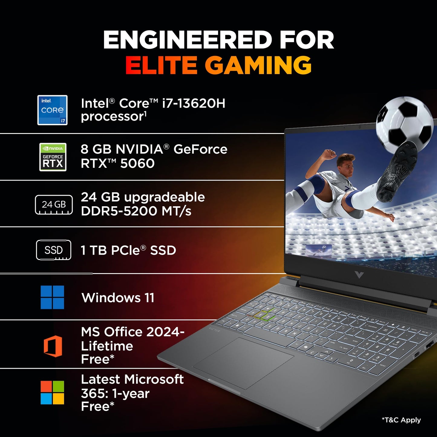 HP Victus, 13th Gen Intel Core i7-13620H, 8GB RTX 5060, 24GB DDR5(Upgradeable) 1TB SSD, 144Hz, 300nits, IPS, FHD, 15.6"/39.6cm, Win11, M365* Office 24, Mica Silver, 2.29Kg, fa2308TX, RGB Laptop