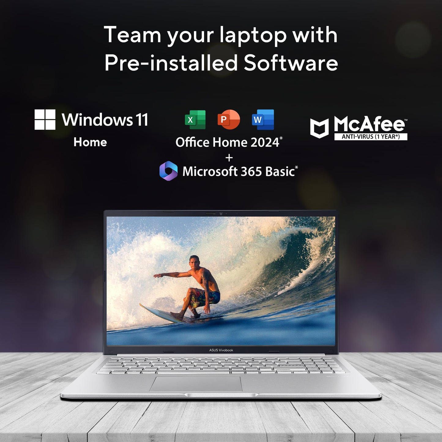 ASUS Vivobook 15, Intel Core i7 13th Gen 13620H, 16GB RAM, 1TB SSD, FHD 15.6", Windows 11, Office Home 2024, Cool Silver, 1.7Kg, X1502VA-BQ1299WS, Intel UHD GPU, 42Whr, M365 Basic (1Year)* Laptop